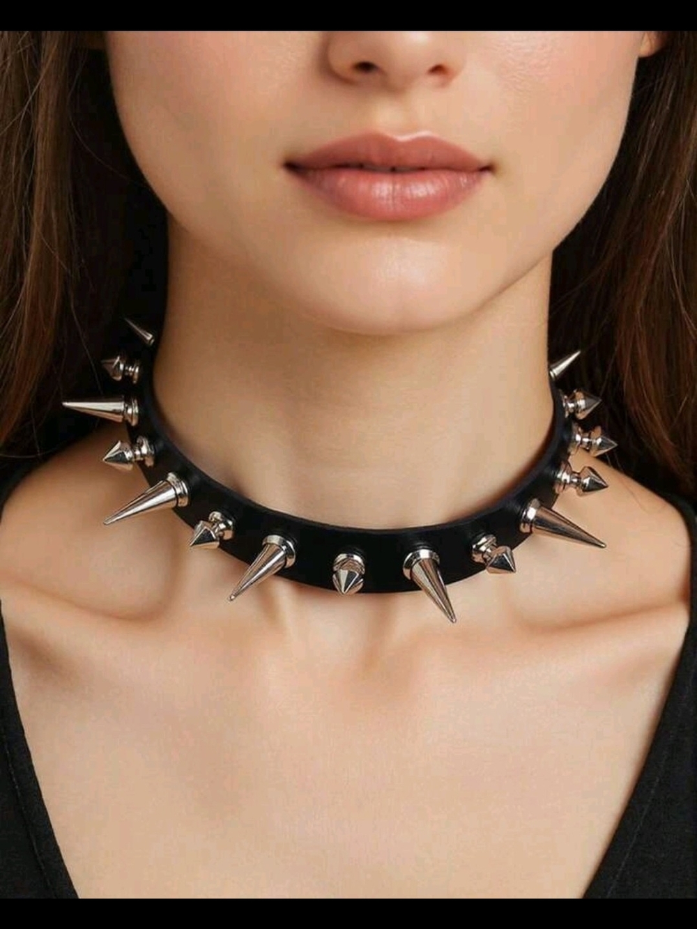 Black Vegan Leather Choker Collar Necklace Silver Spikes Studded